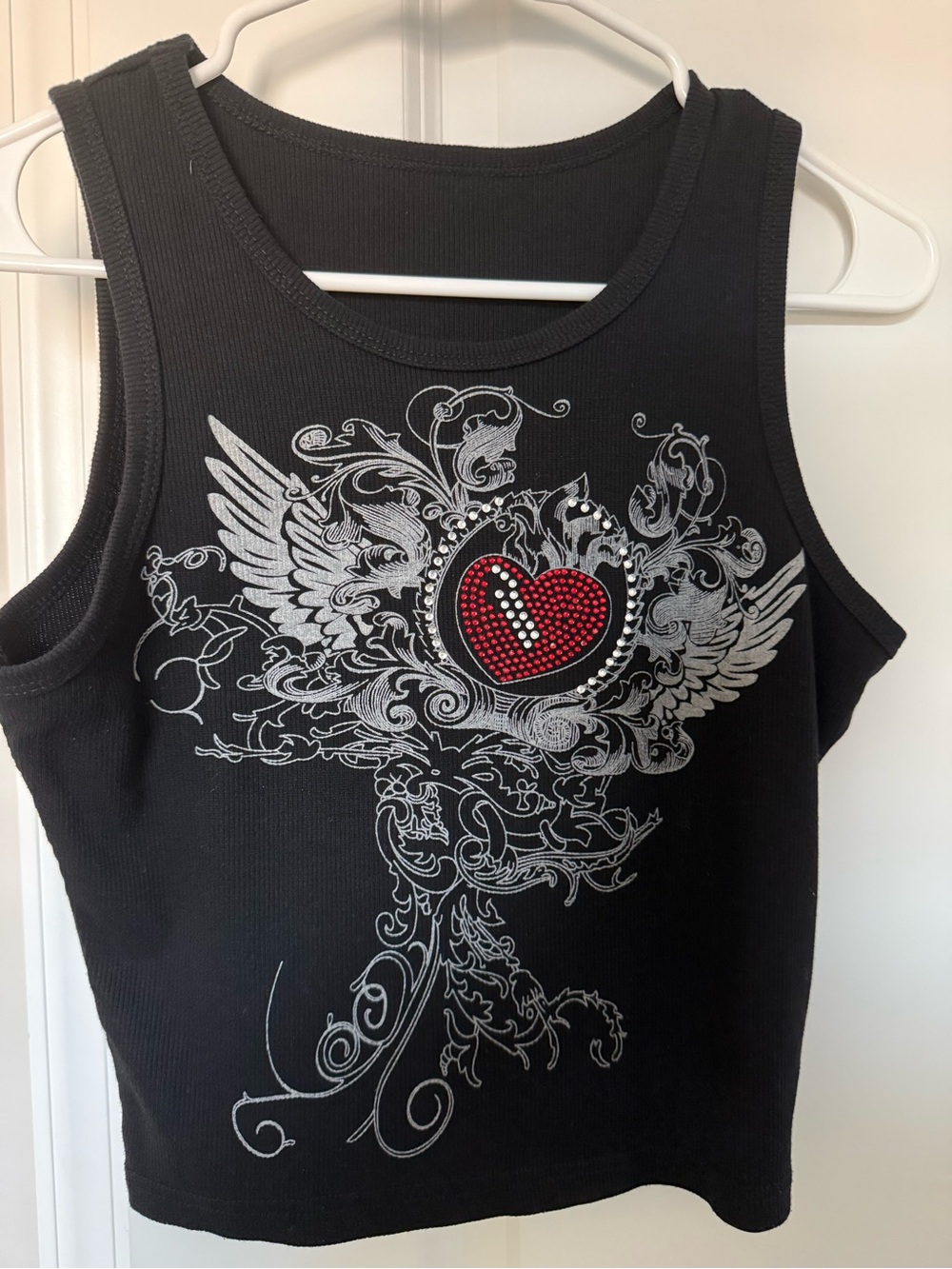 Hot Topic Black Tank Top with Red Heart and Silver Winged Graphic